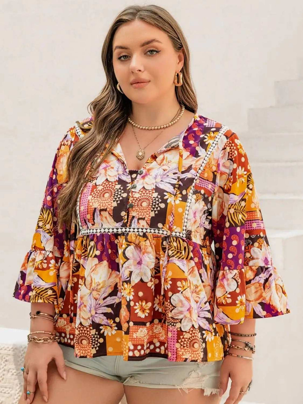 Plus Size Printed Tie Neck Blouse - Trendsi - Flyclothing LLC