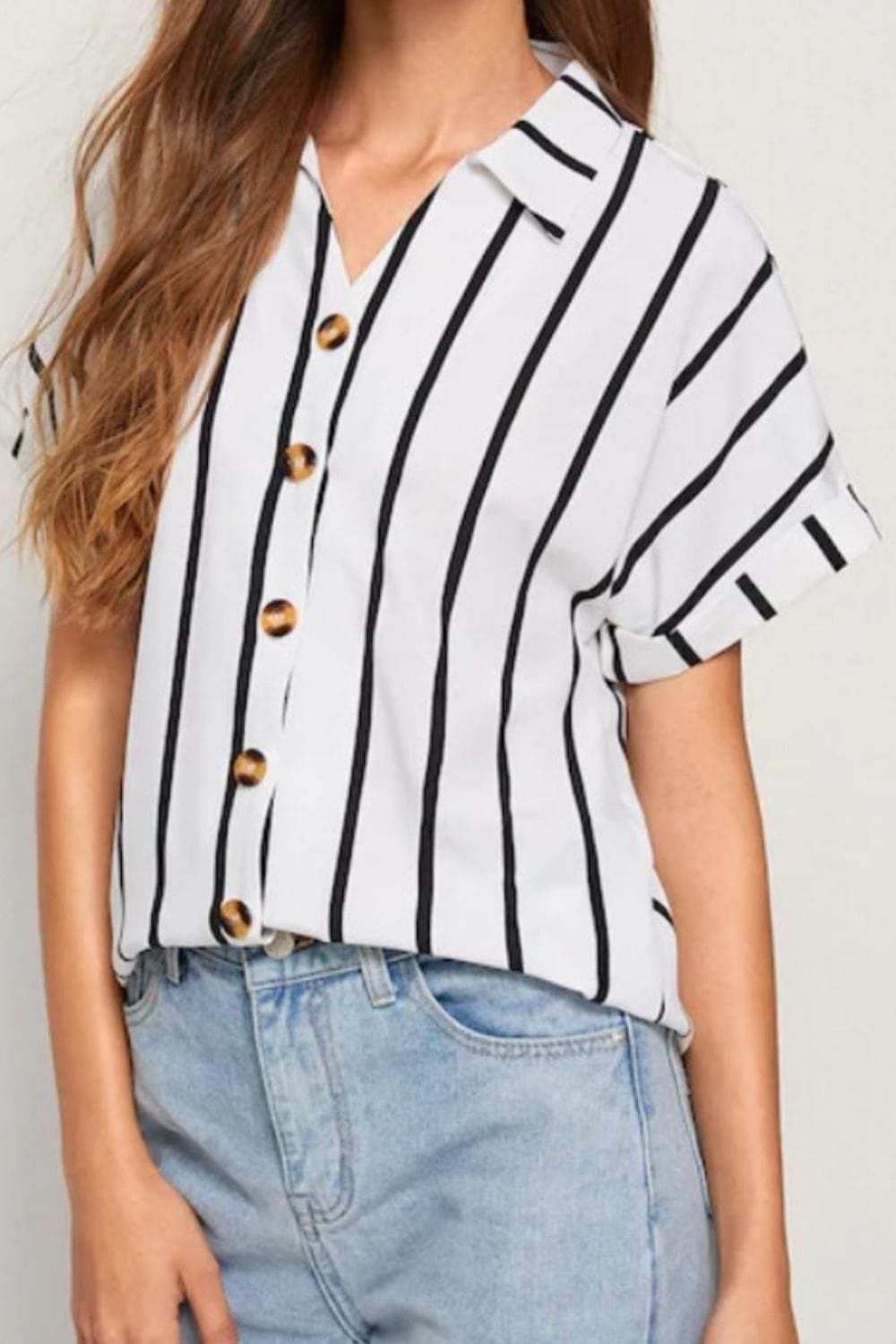 Striped Button Up Short Sleeve Shirt - Trendsi - Flyclothing LLC