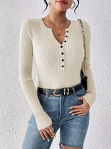 Ribbed Knit Button Front Knit Top - Trendsi - Flyclothing LLC