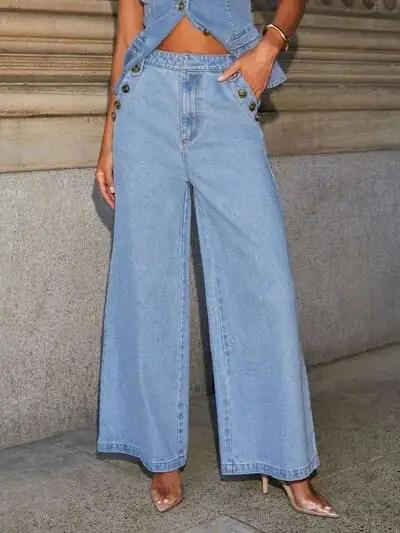 Button Decor High Rise Wide Leg Jeans - Trendsi