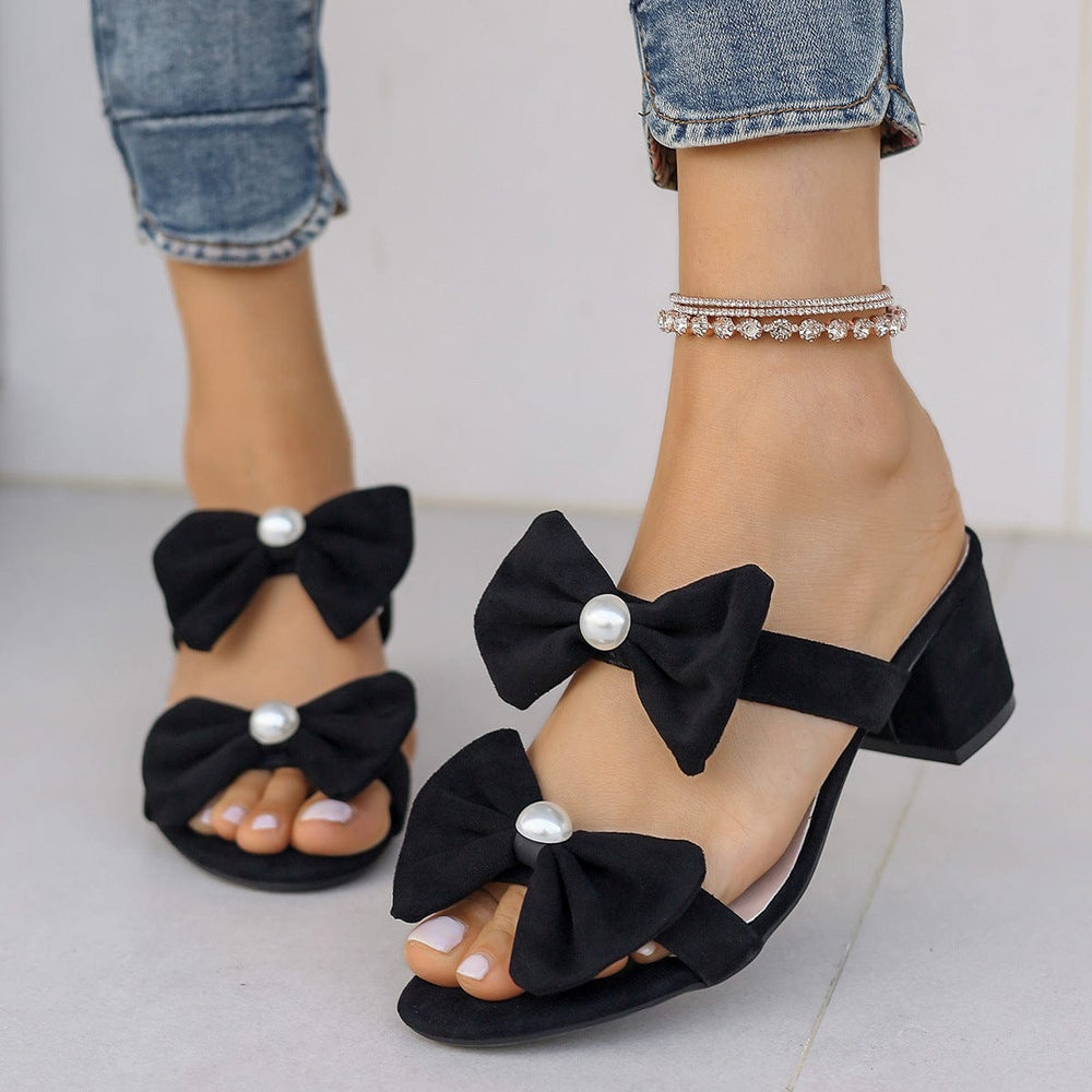 Double Bow Open Toe Block Heel Sandals - Trendsi