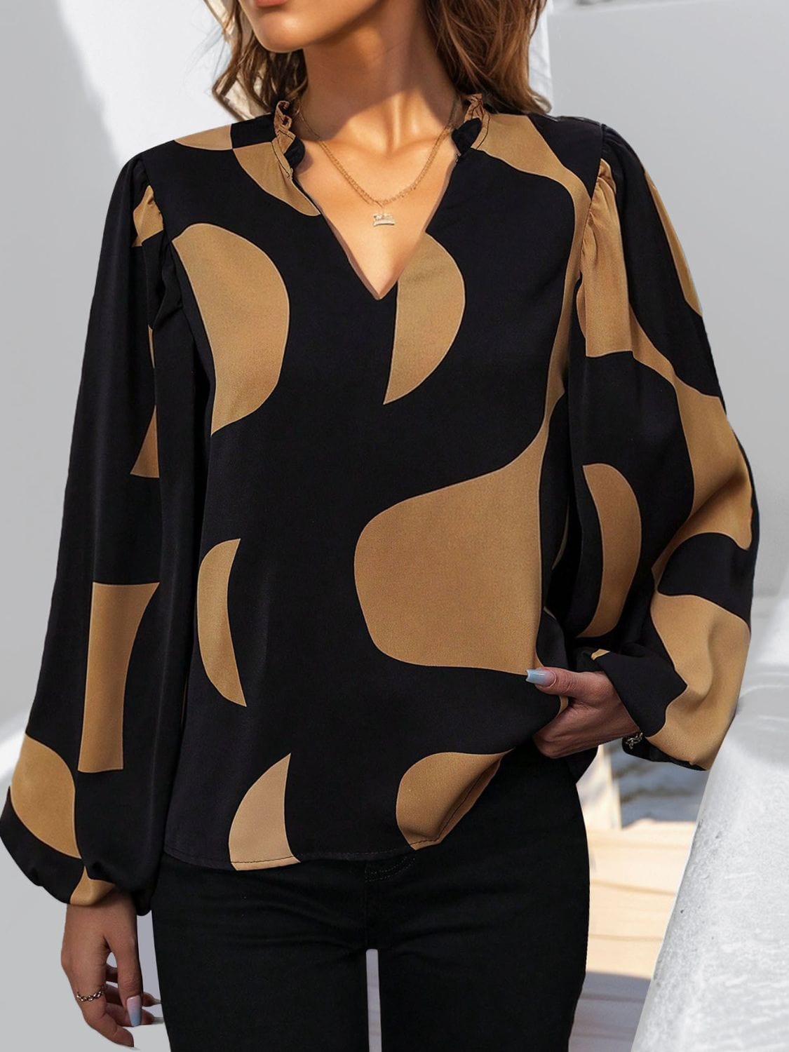 Frill Notched Long Sleeve Blouse - Trendsi