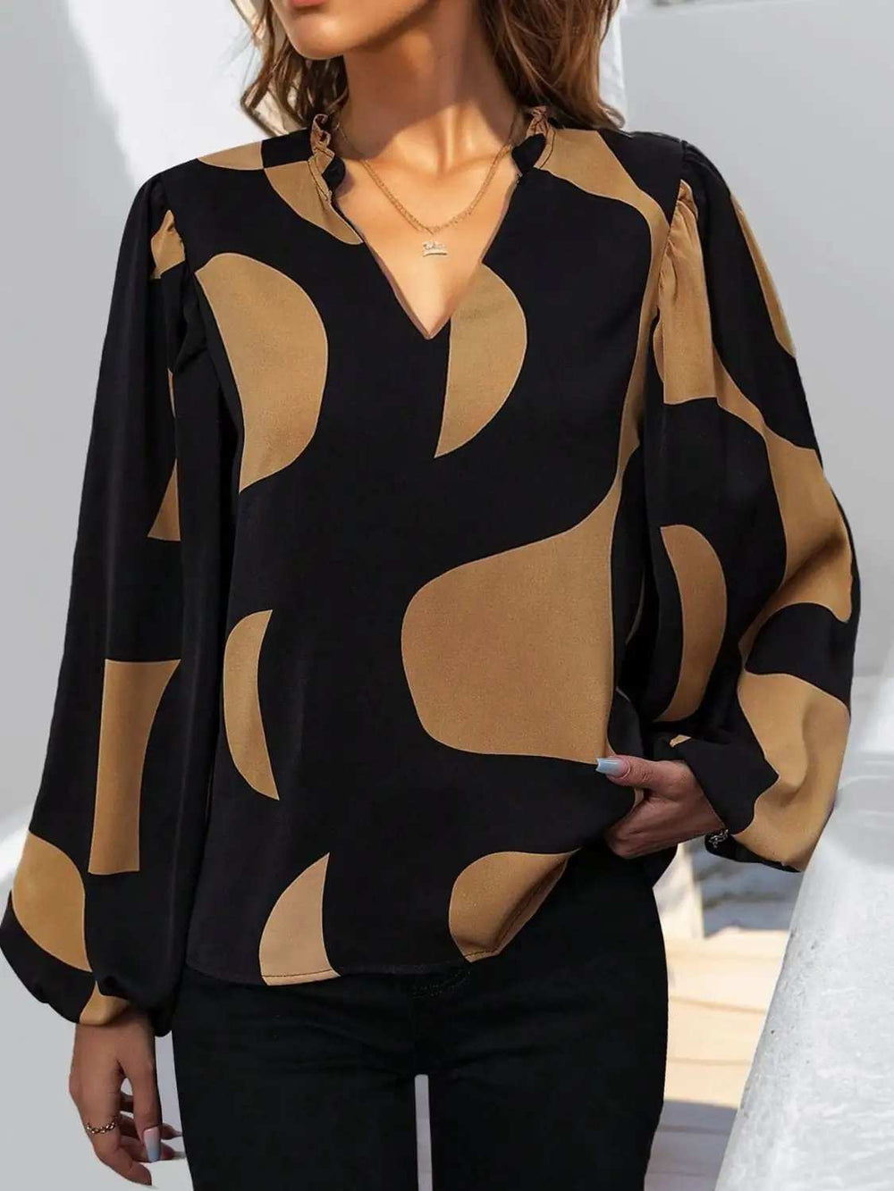 Frill Notched Long Sleeve Blouse - Trendsi - Flyclothing LLC