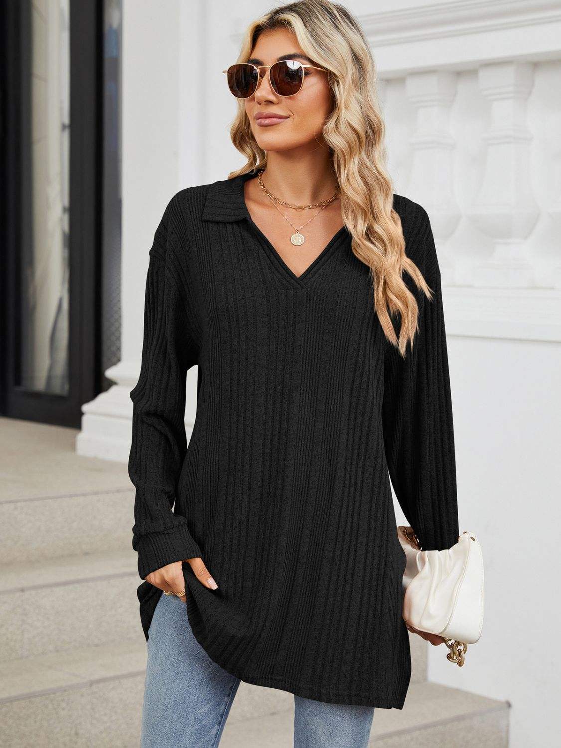 Slit Johnny Collar Long Sleeve T-Shirt - Trendsi - Flyclothing LLC