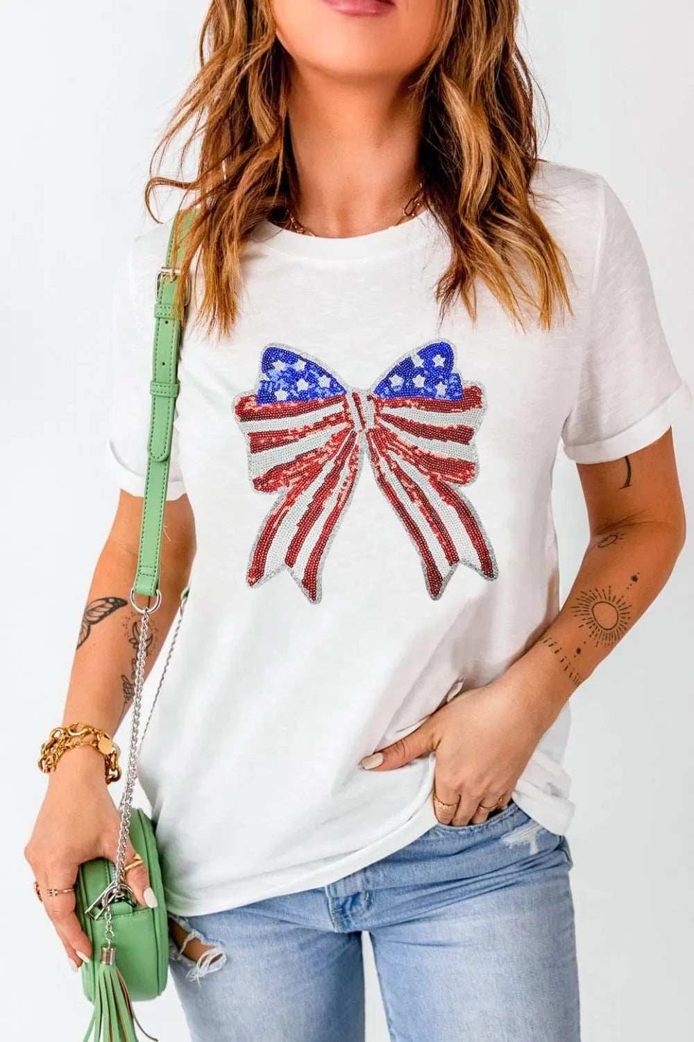 USA Flag Bow Knot Patched Crew Neck T Shirt - Trendsi - Flyclothing LLC