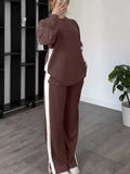 Full Size Contrast Round Neck Top and Pants Set Plus Size - Trendsi - Flyclothing LLC