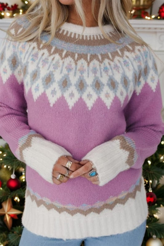 Geometric Round Neck Long Sleeve Sweater - Trendsi