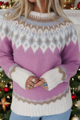 Geometric Round Neck Long Sleeve Sweater - Trendsi