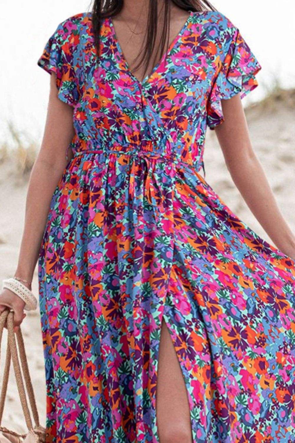 Slit Printed Cap Sleeve Maxi Dress - Trendsi - Flyclothing LLC