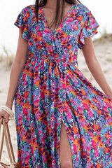 Slit Printed Cap Sleeve Maxi Dress - Trendsi - Flyclothing LLC