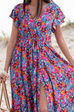 Slit Printed Cap Sleeve Maxi Dress - Trendsi - Flyclothing LLC