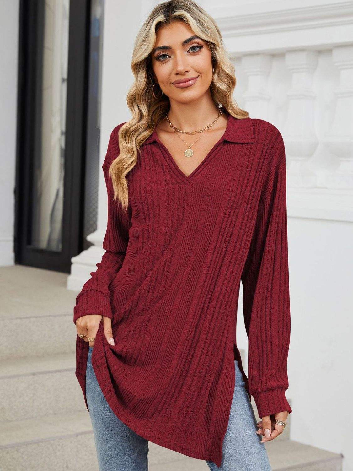 Slit Johnny Collar Long Sleeve T-Shirt - Trendsi - Flyclothing LLC
