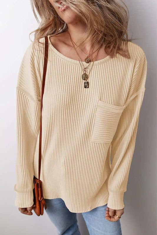 Pocketed Round Neck Long Sleeve Top - Trendsi - Flyclothing LLC