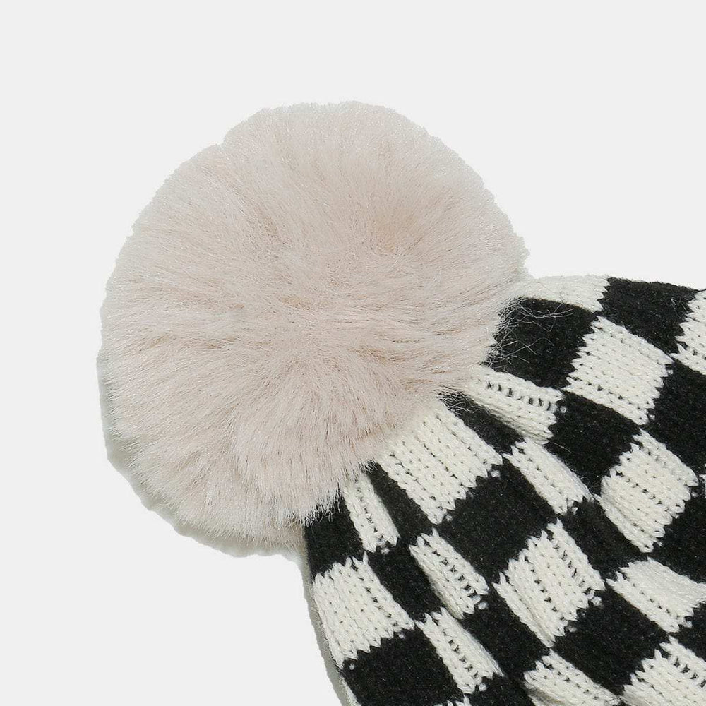 Checkered Knit Hat with Pompom - Trendsi - Flyclothing LLC