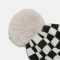 Checkered Knit Hat with Pompom - Trendsi