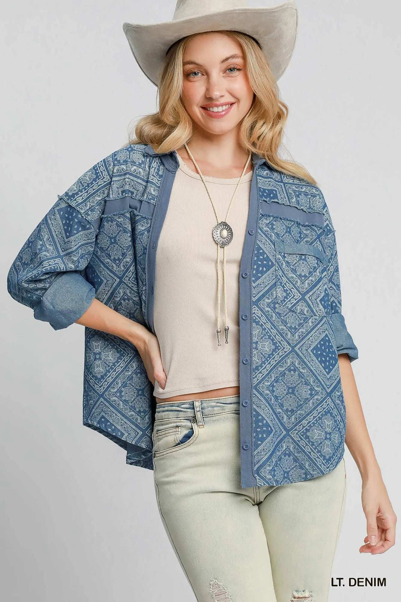 Umgee Paisley Print Denim Shirt Jacket - Trendsi - Flyclothing LLC