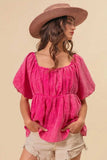 BiBi Pleated Puff Sleeve Washed Blouse - Trendsi - Flyclothing LLC