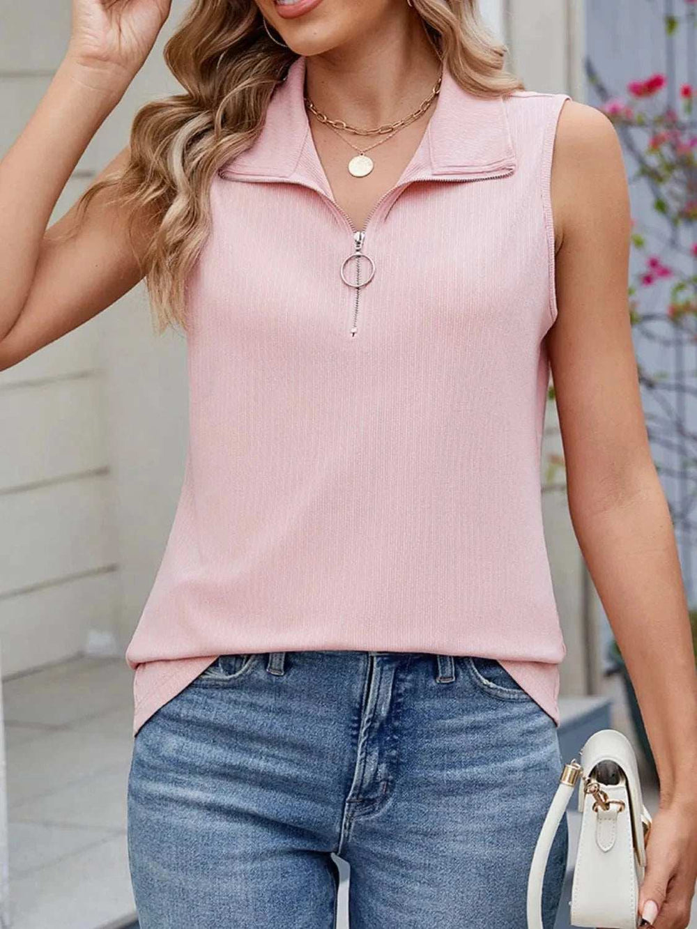 Quarter Zip Collared Tank - Trendsi - Flyclothing LLC