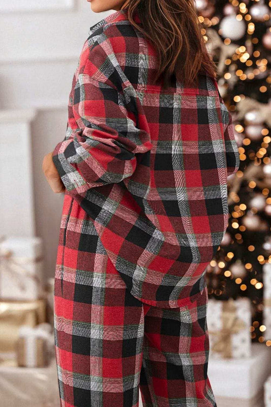 Plaid Long Sleeve Top and Pants Lounge Set - Trendsi - Flyclothing LLC