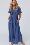 Ruffled V-Neck Short Sleeve Maxi Dress - Trendsi
