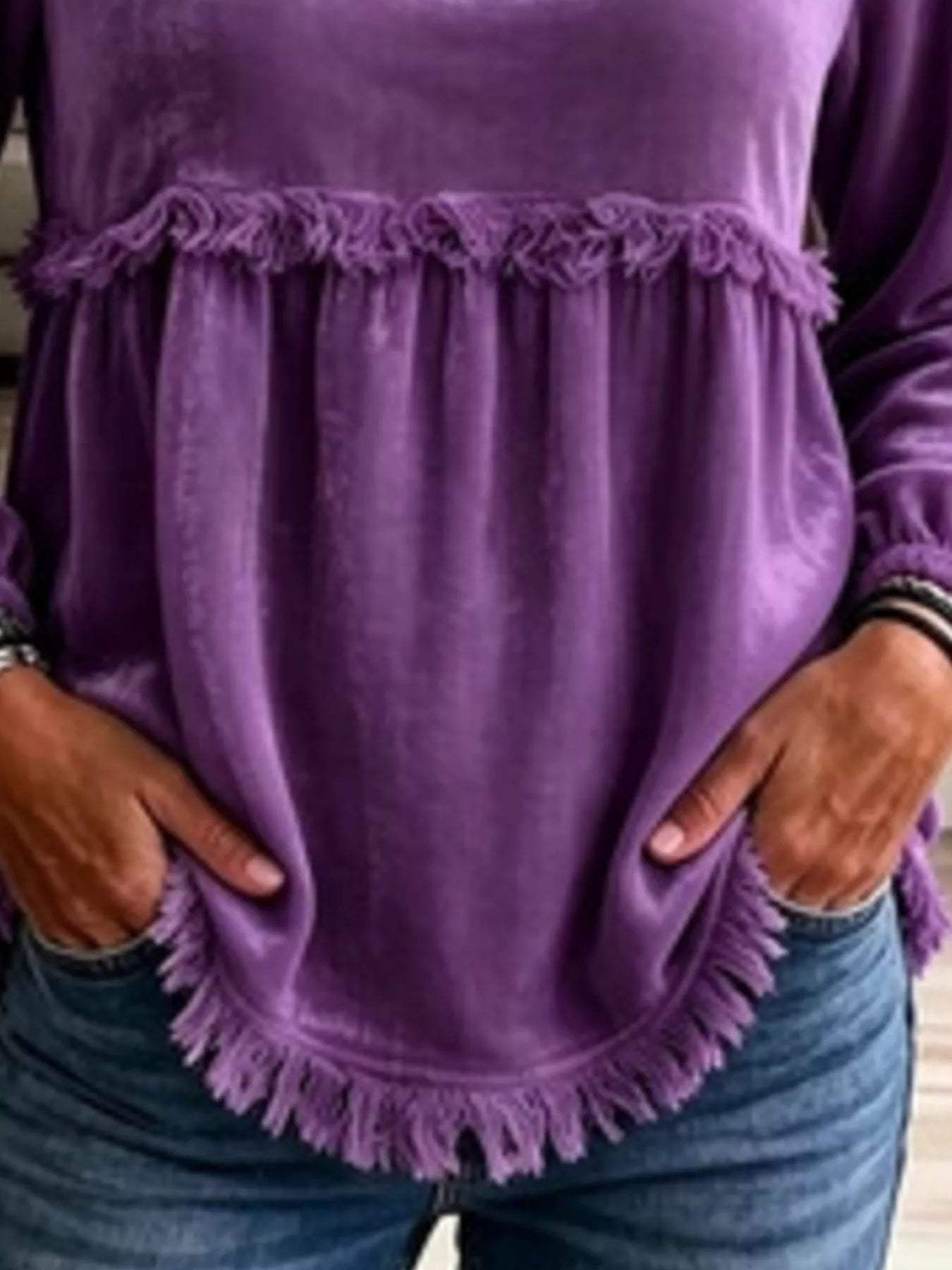 Fringed Hem Long Sleeve T-Shirt - Trendsi - Flyclothing LLC