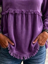 Fringed Hem Long Sleeve T-Shirt - Trendsi - Flyclothing LLC