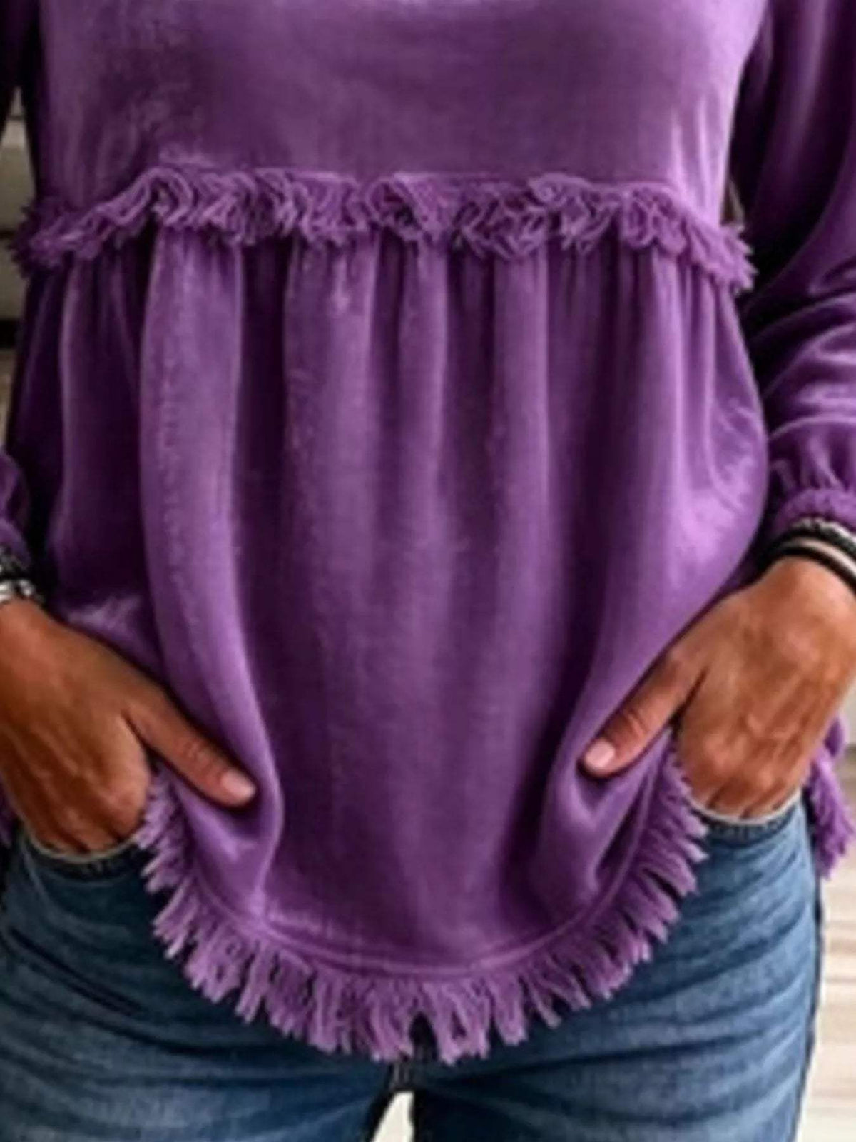 Fringed Hem Long Sleeve T-Shirt - Trendsi - Flyclothing LLC