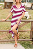 Casual Striped V-Neck Midi T-Shirt Dress - Trendsi - Flyclothing LLC