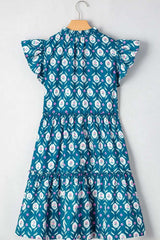 Printed Tie Neck Ruffled Cap Sleeve Dress - Trendsi - Flyclothing LLC