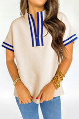 Striped Trim Textured Quarter Zipper Short Sleeve Top - Trendsi - Flyclothing LLC