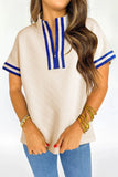 Striped Trim Textured Quarter Zipper Short Sleeve Top - Trendsi