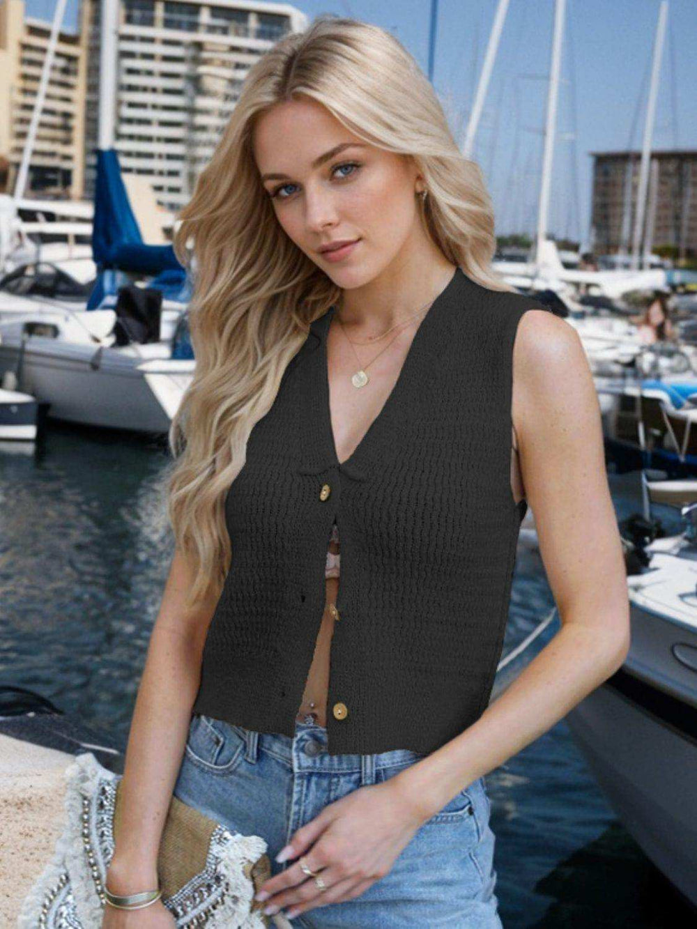 Button Down V-Neck Sweater Vest - Trendsi - Flyclothing LLC