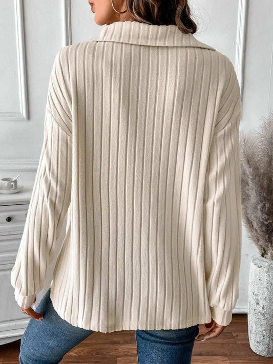 Ribbed Johnny Collar Long Sleeve T-Shirt - Trendsi - Flyclothing LLC