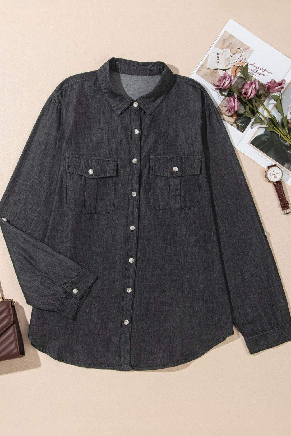 Pocketed Collared Neck Long Sleeve Denim Top - Trendsi - Flyclothing LLC