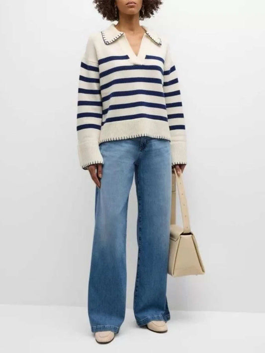 Striped Johnny Collar Sweater - Trendsi - Flyclothing LLC