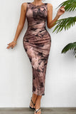 Printed Ruched Slit Sleeveless Midi Dress - Trendsi