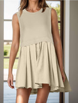 Pleated Round Neck Sleeveless Mini Dress - Trendsi - Flyclothing LLC