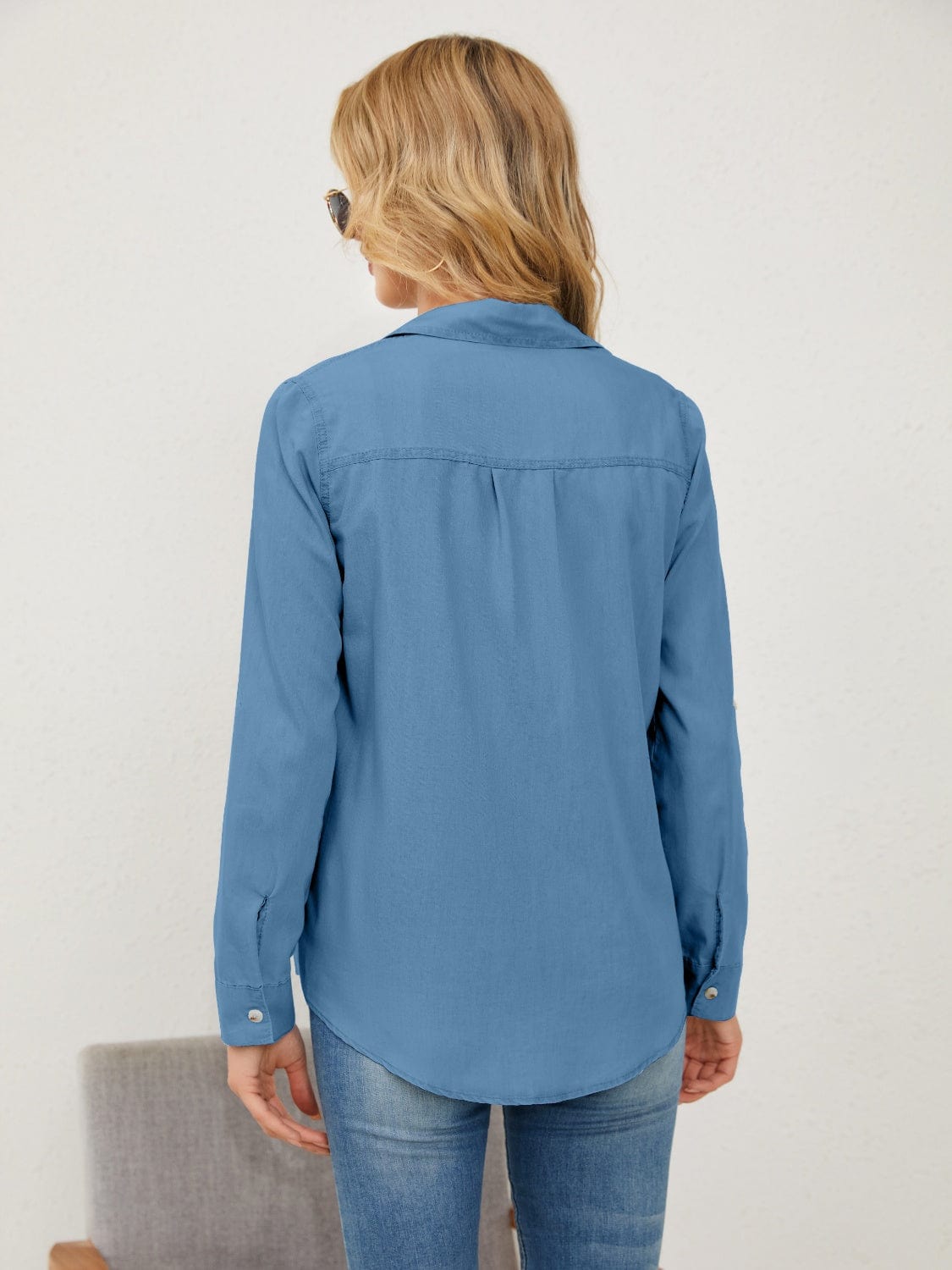 Pocketed Button Up Long Sleeve Denim Shirt - Trendsi