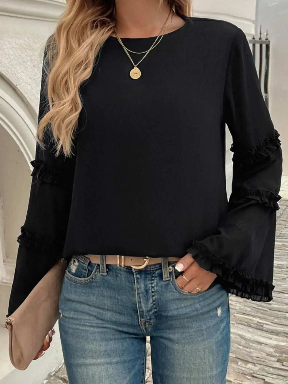 Devine Frill Round Neck Long Sleeve Top - Trendsi - Flyclothing LLC