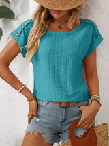 Mandy Eyelet Round Neck Short Sleeve Top - Trendsi - Flyclothing LLC