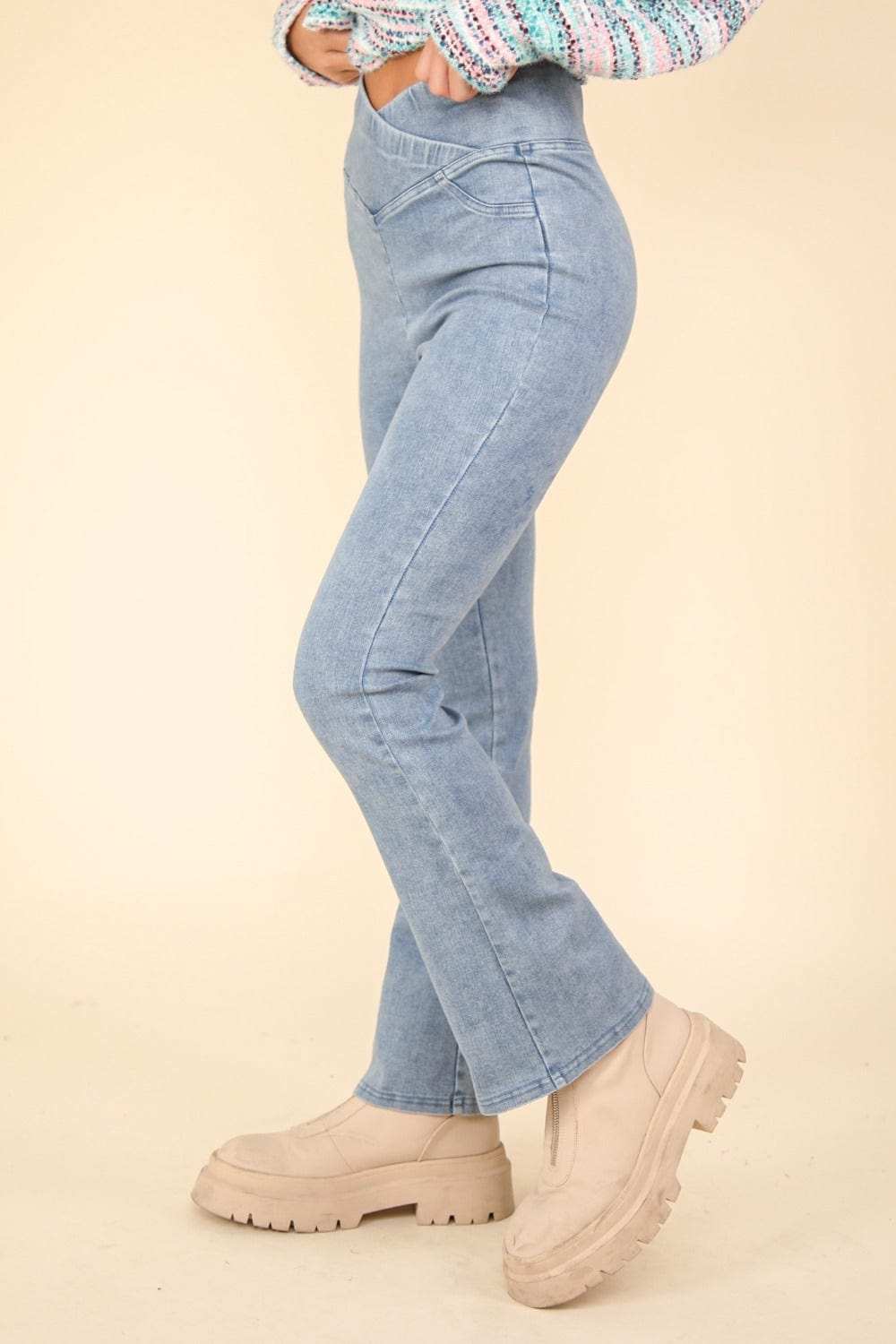 VERY J Washed Denim Stretchy Crossover Waist Leggings - Trendsi - Flyclothing LLC