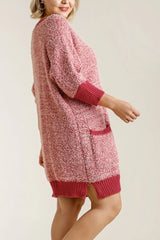Umgee Full Size Ribbed Hem Round Neck 3/4 Sleeve Sweater Dress with Pockets Plus Size - Trendsi - Flyclothing LLC