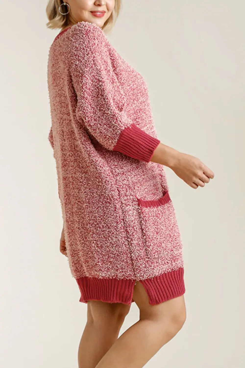 Umgee Full Size Ribbed Hem Round Neck 3/4 Sleeve Sweater Dress with Pockets Plus Size - Trendsi - Flyclothing LLC