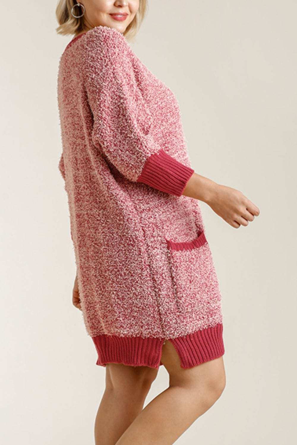 Umgee Full Size Ribbed Hem Round Neck 3/4 Sleeve Sweater Dress with Pockets Plus Size - Trendsi - Flyclothing LLC