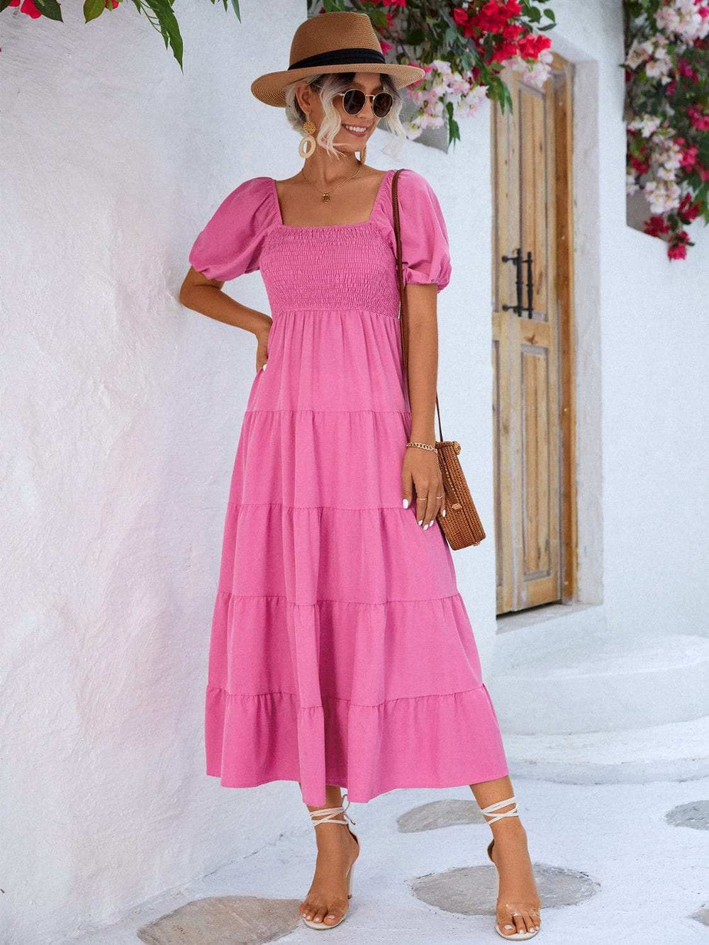Tiered Smocked Short Sleeve Dress - Trendsi - Flyclothing LLC