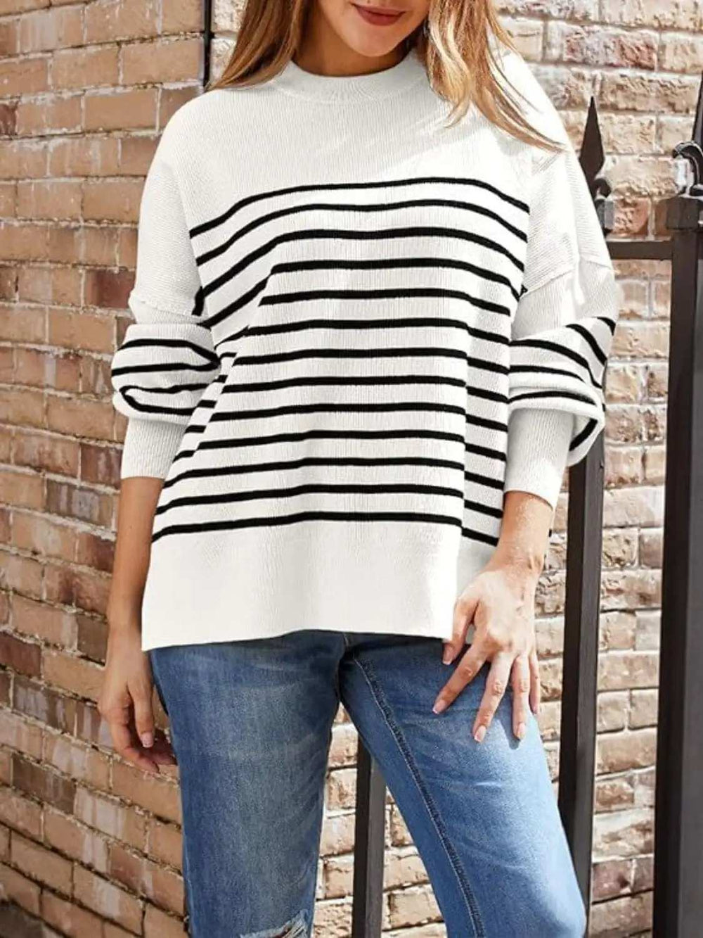Striped Round Neck Long Sleeve Sweatshirt - Trendsi - Flyclothing LLC