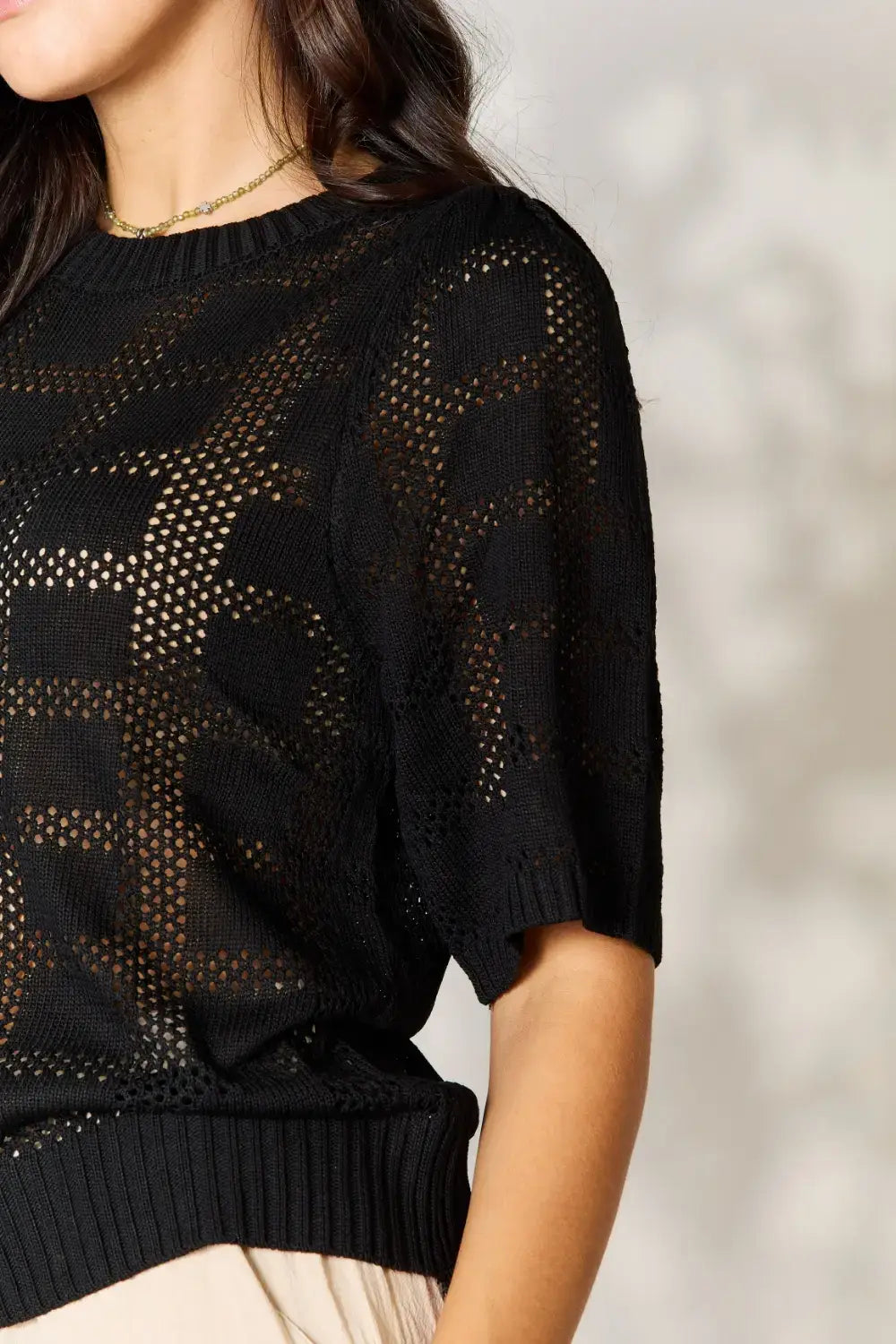 Mandy Ribbed Trim Round Neck Knit Top - Trendsi - Flyclothing LLC