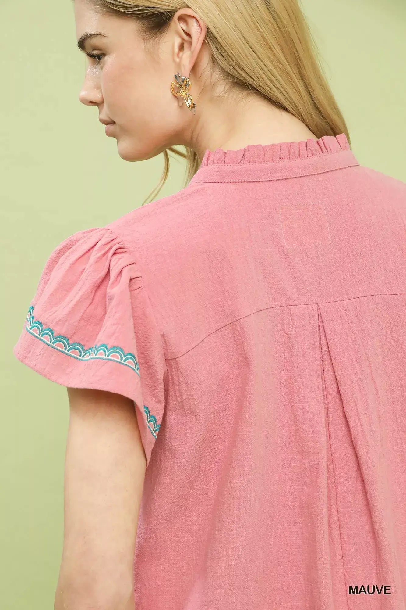 Umgee Embroidered Flutter Sleeve Blouse - Trendsi - Flyclothing LLC