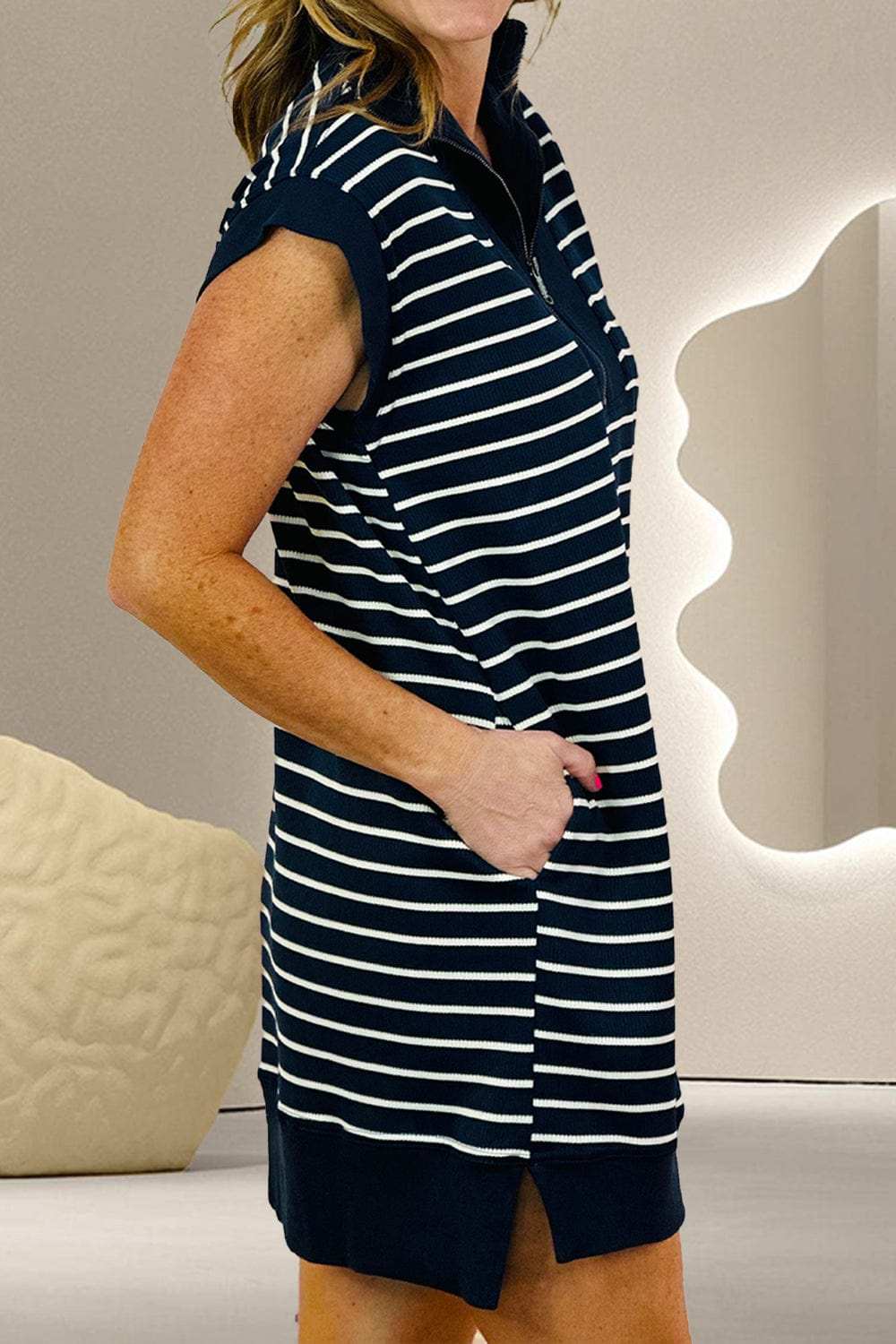 Slit Striped Collared Neck Cap Sleeve Mini Dress - Trendsi - Flyclothing LLC