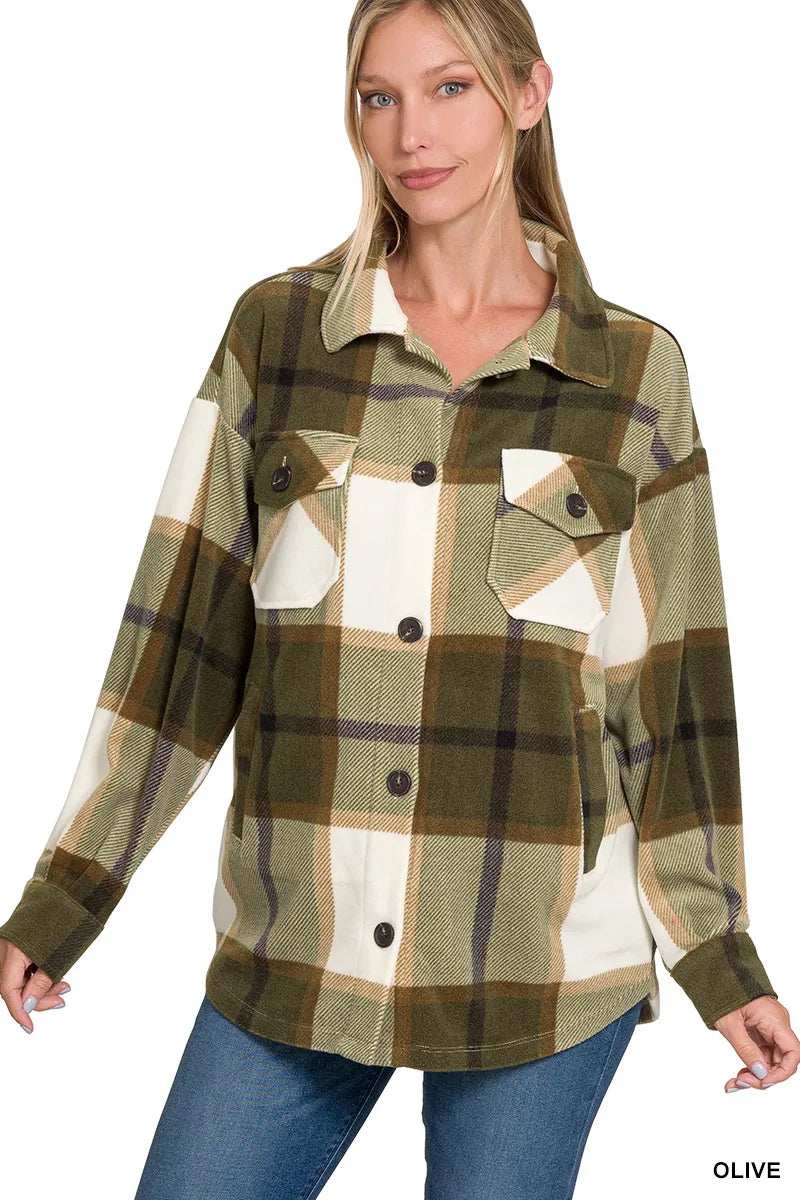 Zenana Oversized Plaid Fleece Shacket - Trendsi - Flyclothing LLC